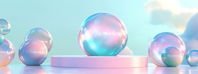 Podium designed to look like a cluster of oversized colorful soap bubbles in pink, blue, and green, set against a soft pastel sky blue background. Pedestal for product presentation