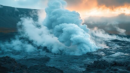 Fototapeta premium closeup of an active geothermal vent in a rocky landscape with billowing steam rising against a stark blue sky showcasing the raw power of earths geological processes