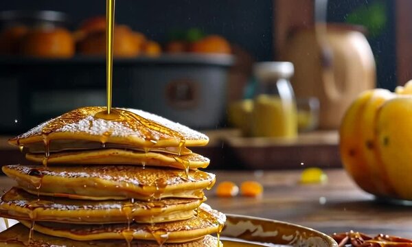 Making pumpkin pancakes for National Pancake Day, October 25th, fluffy stacks and pumpkin spice, hyperrealistic . Video