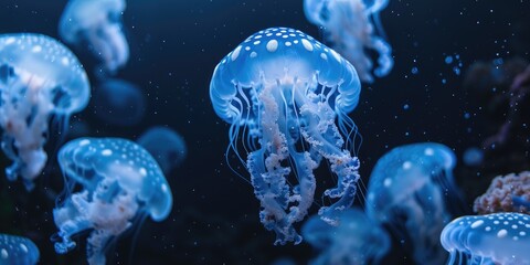 Jellyfish with Translucent Blue and White Spots Gliding Gently in Deep Ocean Waters