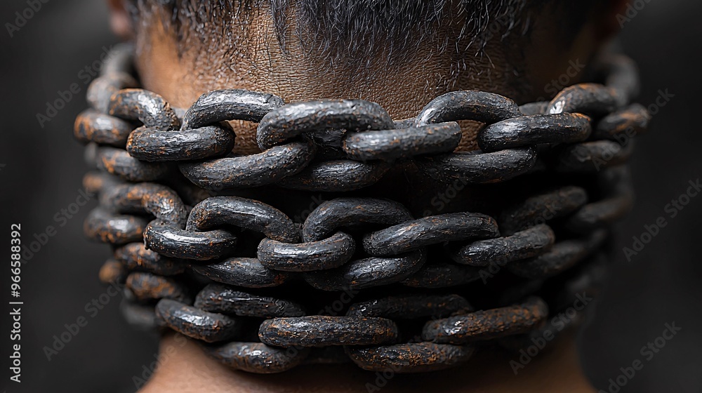 Wall mural a symbolic image of a neck wrapped in chains, representing the feeling of being trapped by stiffness