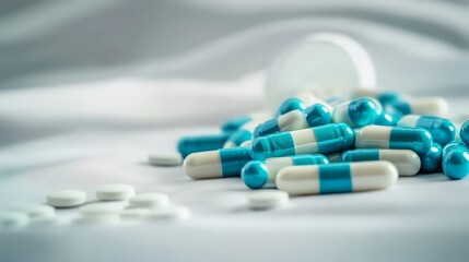 Close-up of blue and white capsules and tablets on a soft white surface, representing healthcare, medication, or pharmaceutical industry.