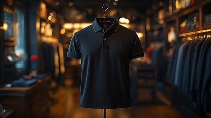 Obraz premium A black polo shirt with a red and white collar on a mannequin in a clothing store.