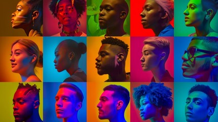 Fototapeta premium Collage of portraits of young people of various ages, genders and races looking at the camera on a multicolored background with neon light