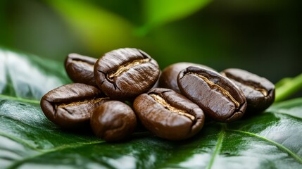 Obraz premium Close-up of roasted coffee beans on a vibrant green leaf background, highlighting the texture and color of fresh, aromatic coffee.