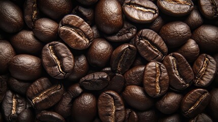 Fototapeta premium Close-up of roasted coffee beans with rich brown tones, showcasing texture and details perfect for culinary and beverage themes.