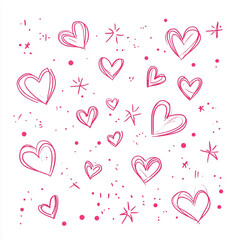 Line drawn pink hearts and stars on white background