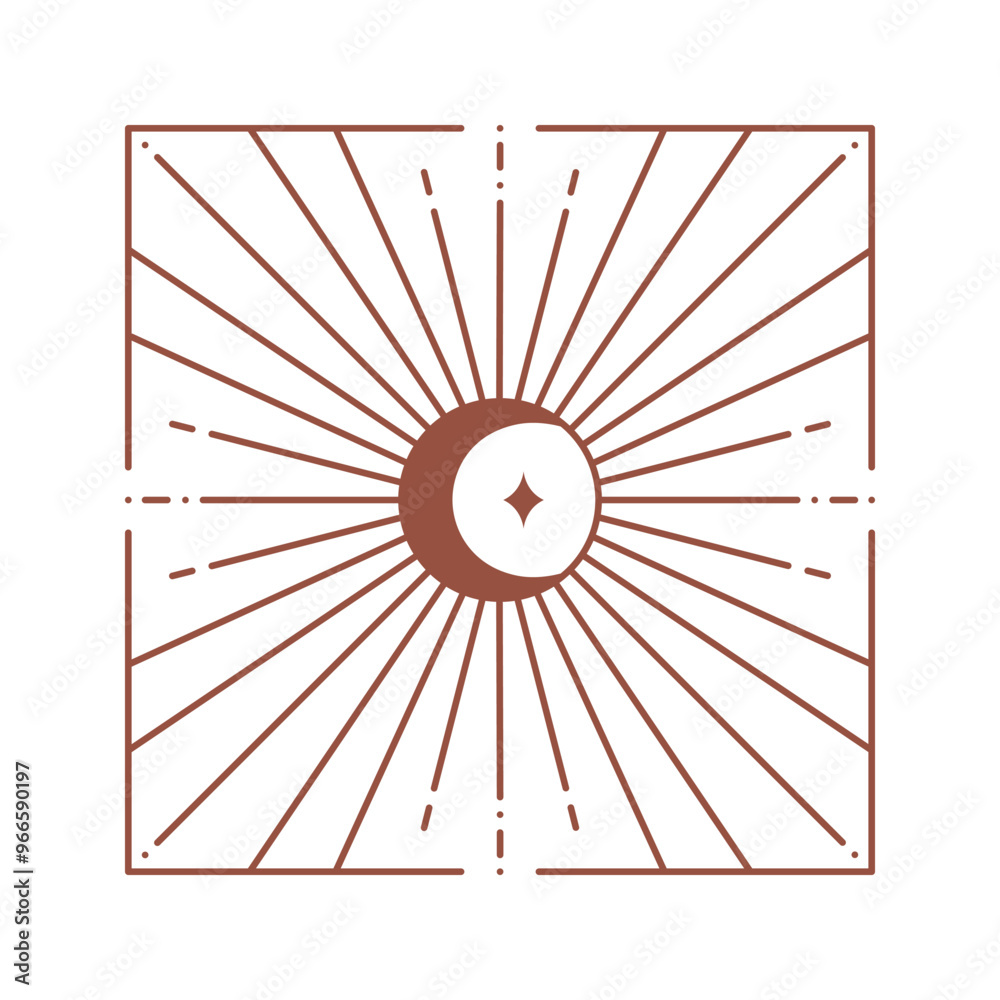 Wall mural vector bohemian logo design template with sun and sunburst. boho linear icon or symbol in trendy min