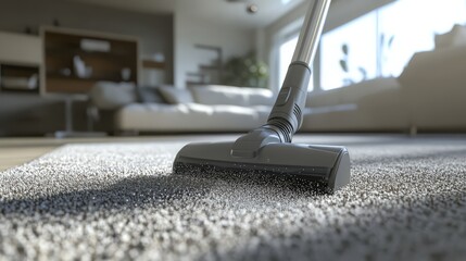 Close-up view of a vacuum cleaner head cleaning a soft carpet in a modern living room with sunlight streaming through the window.