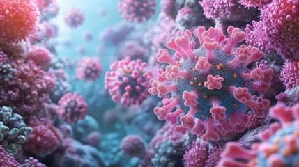 Close-up view of colorful virus particles under a microscope, illustrating microbial life and medical science.