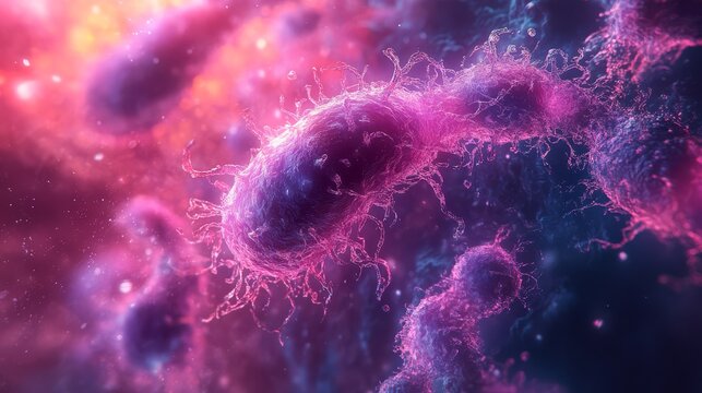Close-up view of colorful bacteria or viruses under a microscope, showcasing vibrant details of microscopic organisms.