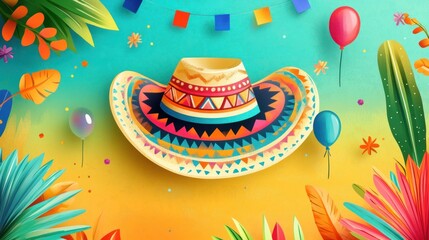 Colorful Fiesta Hat with Balloons and Tropical Leaves