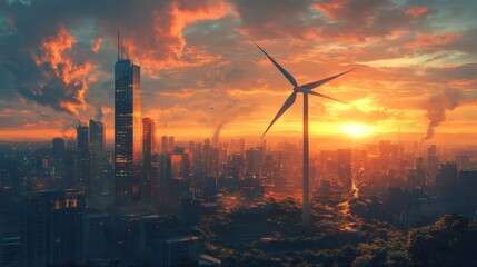 A wind turbine farm surrounded by modern city buildings, blades spinning in harmony with the urban skyline, vibrant sunset reflecting off glass facades, Futuristic, Realism, Digital painting