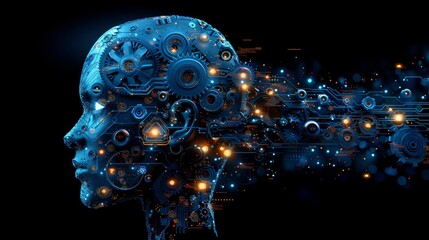 Artificial Intelligence Profile, Gears, Network Connections, and Data Flow on Dark Blue Background