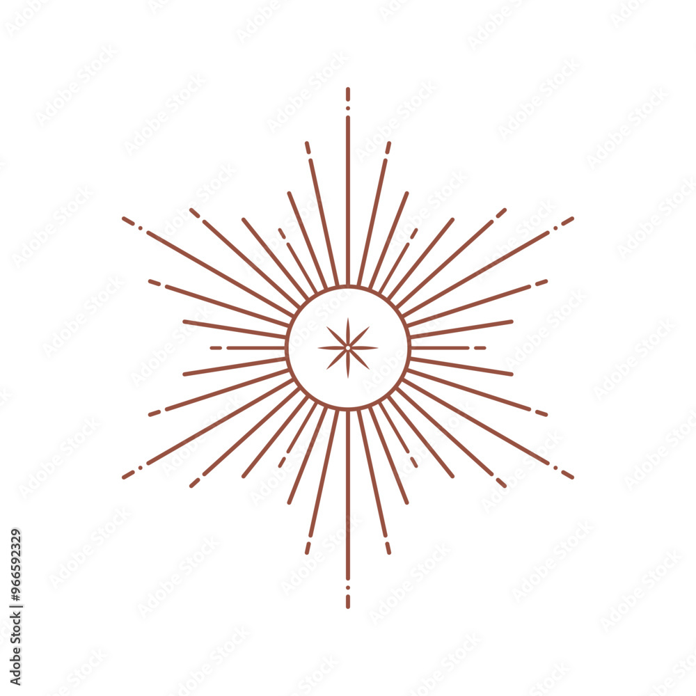 Poster vector bohemian logo design template with sun and sunburst. boho linear icon or symbol in trendy min