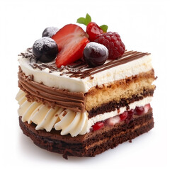 A piece of chocolate and strawberry cake on white background