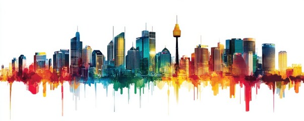 Colorful illustration of the Sydney skyline featuring modern skyscrapers, iconic structures, and vibrant hues blending into a stunning artistic panorama of Australia's famous cityscape.