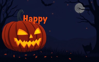 Fototapeta premium A glowing orange jack-o-lantern with a spooky smile and a black cat under a dark blue sky with a full moon, perfect for Halloween greeting cards. 