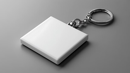 Blank white square keychain with silver chain and ring on a gray background.