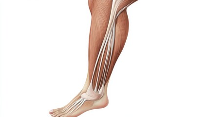 Detailed illustration of human leg muscle anatomy showing structure, tendons, and ligaments, ideal for educational and medical purposes.