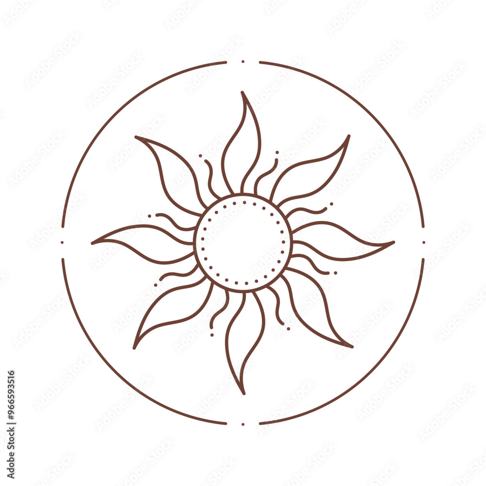Wall mural vector bohemian logo design template with sun and sunburst. boho linear icon or symbol in trendy min
