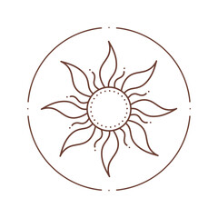 Vector bohemian logo design template with sun and sunburst. Boho linear icon or symbol in trendy minimalist style.Modern celestial emblem.Branding design template.