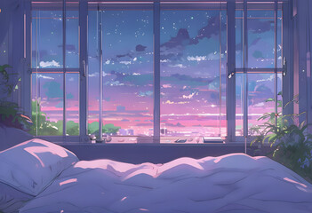 a cartoon Japanese bedroom, Cherry blossoms or snow falling outside the window