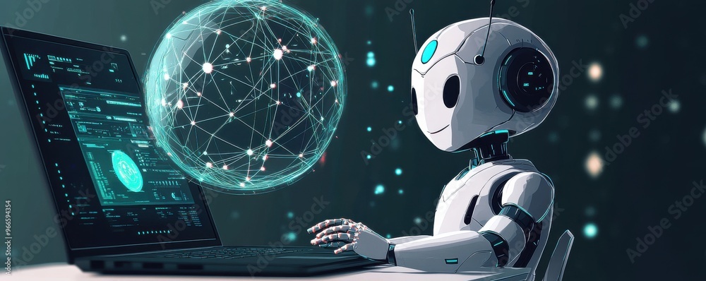 Poster ai robot working on a complex project with futuristic interface and glowing holographic display