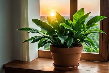 Fototapeta premium window and plants, the sun shining down on the pot in front of the window