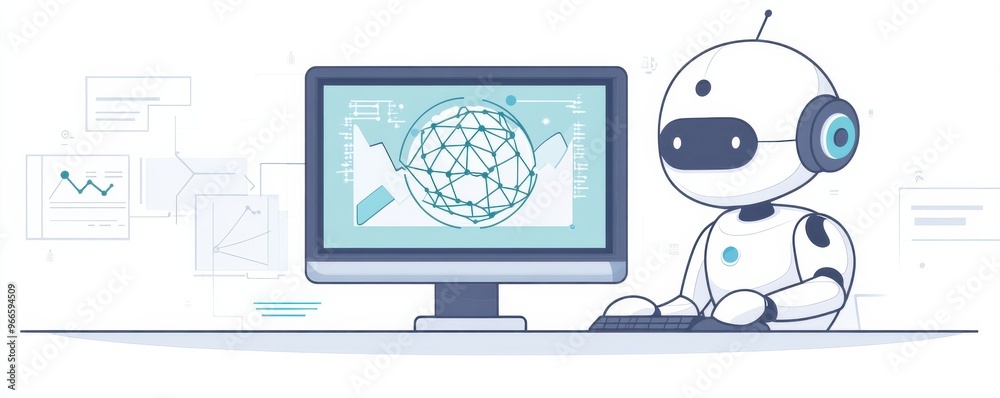 Poster illustration of an ai robot working at a computer with data charts showcasing technology and innovat