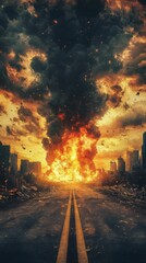Dramatic cityscape with fire explosion and smoke, capturing intense destruction and chaos in an urban setting at sunset.