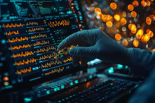 A close-up of a medical researcher analyzing viral RNA on a laboratory workstation, showcasing the scientific techniques used in studying viral genomes.