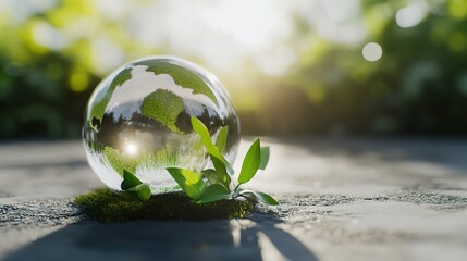 A glass earth globe on the ground with a growing plant, symbolizing nature, green ecology, and a healthy lifestyle.campaign, initiative, action,Earth Day, Climate Week.AI-generated,