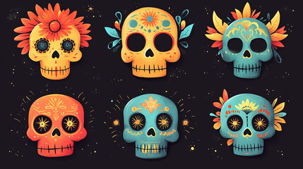 Flat dia de muertos skulls collection