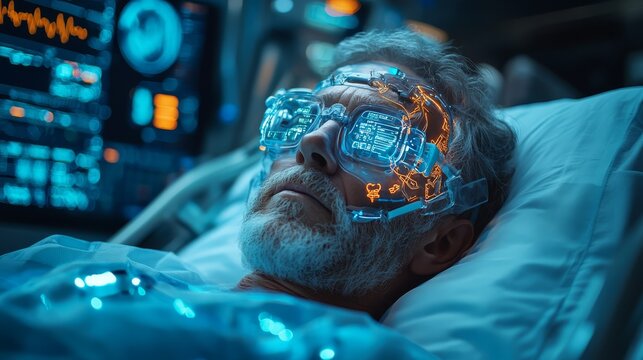 Elderly patient in futuristic hospital bed connected to advanced medical technology with holographic display glasses. - Powered by Adobe