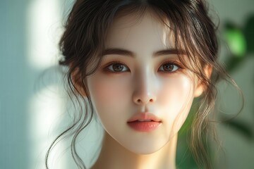 confident korean woman stands tall exuding poise and grace simple elegant attire complements her natural beauty soft lighting enhances her radiant presence