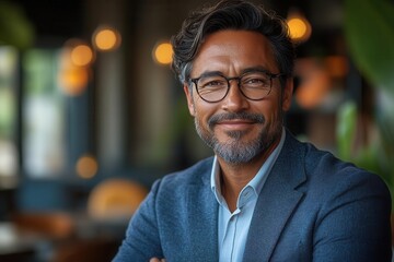 Fototapeta premium confident middleaged entrepreneur of mixed ethnicity in a boardroom professional attire warm smile diverse lgbtq representation in corporate setting modern inclusive business environment