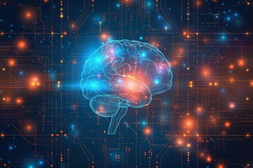 Obraz premium A glowing blue and red brain on a circuit board background.