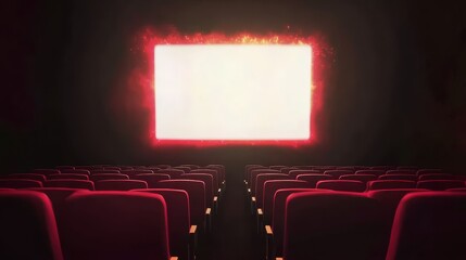 Obraz premium Empty movie theater with red seats and a blank screen, illuminated by a warm glow in a darkened room.