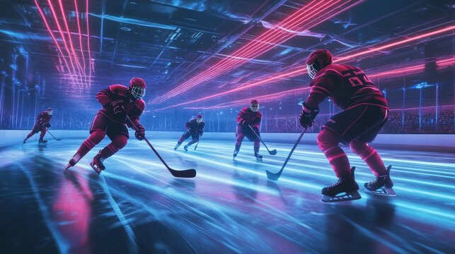 Futuristic ice hockey match under glowing neon lights, players in high-tech gear racing across a shimmering ice rink, with holographic scoreboards tracking every move