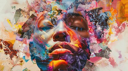 Abstract Portrait of a Woman with Eyes Closed in a Collage of Colors