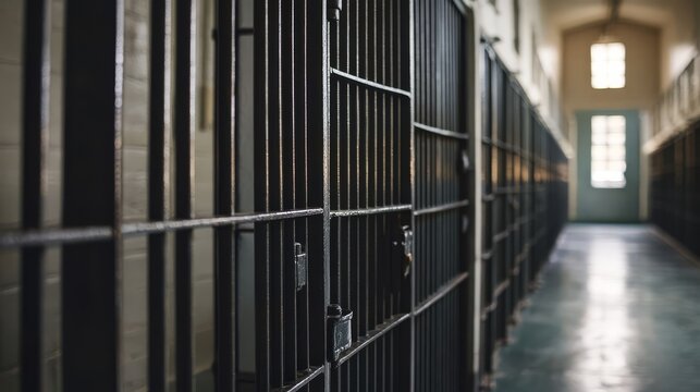 Empty prison corridor with closed metal cell doors in a dimly lit hallway, showing a somber and isolated atmosphere.