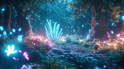 Enchanting Glowing Fireflies in Mystical Fairytale Forest Landscape