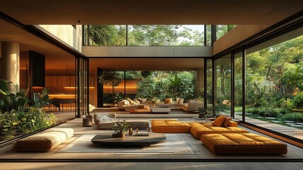 Fototapeta premium contemporary living room flooded with natural light from floortoceiling windows sleek furniture contrasts with the lush garden view creating an indooroutdoor harmony