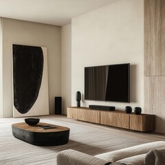 Minimalist wooden TV console with clean lines, set in a sleek, monochrome living room with abstract art on the walls