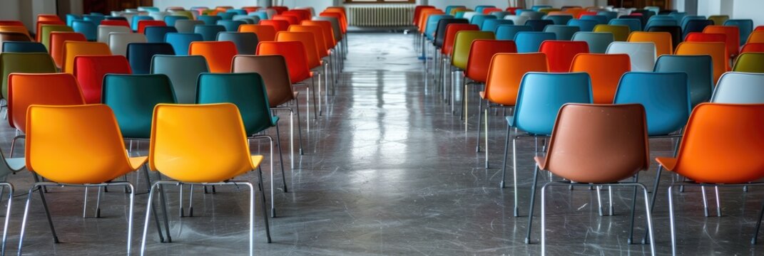 Assembly hall featuring rows of vibrant plastic chairs on a gray floor.