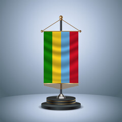 Mauritius Vertical table flag with golden pole of on dark  gradient background