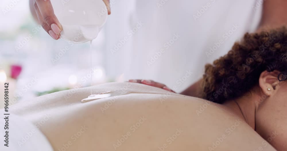 Wall mural Spa, relax and masseuse with oil for back massage at a cosmetic, health and wellness resort. Calm, pamper and closeup of woman with skin moisturizer for beauty and body therapy at zen salon.