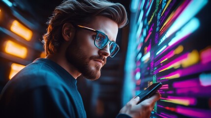 Focused professional using smartphone and analyzing vibrant data on a digital screen. Concept of technology and future innovation.