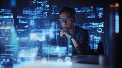 Focused professional analyzing futuristic digital interface with data visualization and holographic information in a high-tech workspace.
